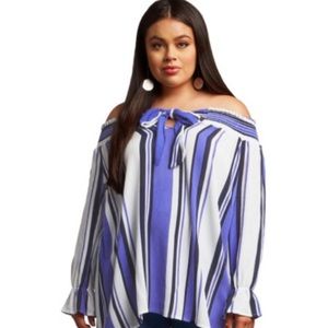 New Blue Striped Off the Shoulder Top in Plus Sizes